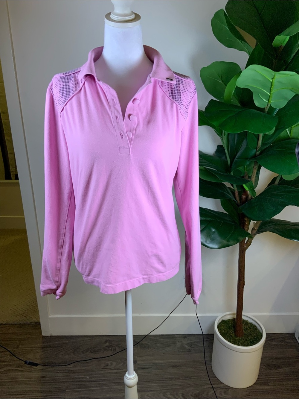 Oakley Pink Long-Sleeve Polo Top with Mesh Shoulder Detail